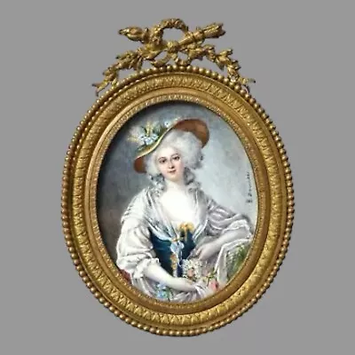 French Miniature Watercolor Portrait Painting In Gilt Bronze Frame By H. Derrise • $679