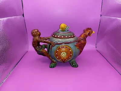 Vintage Majolica Teapot Monkey & Snail Design - Unique Ceramic Pottery Whimsical • $35