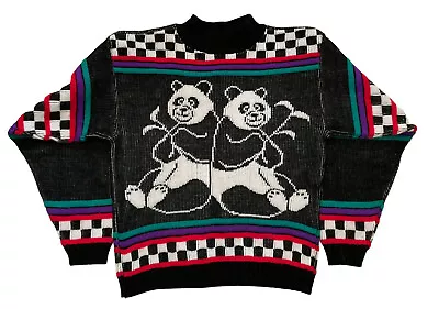 Vtg Custom Design Panda Sweater Flowers Checks Panda Bears Black Pink Small • £28.93