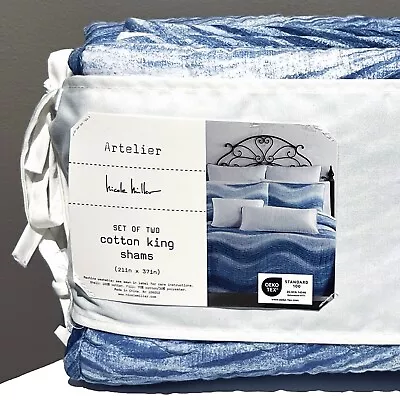 SET OF 2 - New Nicole Miller Blue Water Waves KING Cotton Shams White • $45.99