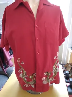 NINETY Chinese Dragon Embroidered Shirt Red Short Sleeve Size M • £10