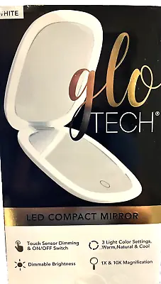 GLO TECH LED COMPACT MIRROR 1X & 10X MAGNIFICATION 3 Light Color Settings  WHITE • $14.99