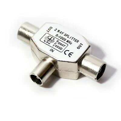 2 Port Way TV Aerial T Splitter Adapter RF Coaxial Signal Y Split Male To Female • £4.49