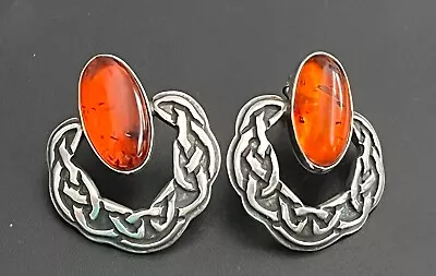 VTG Sterling Silver - Baltic Amber Cabochon Post Earrings HC • $25