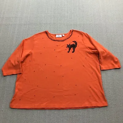 Quacker Factory Shirt Womens 2X Orange Sparkle Beaded Cat Halloween 3/4 Sleeve • $20