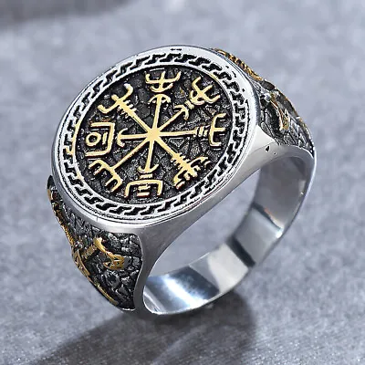 Men Viking Raven Odin Axe Ring Band Stainless Steel Jewelry Vegvisir Size 7-13 • $10.99