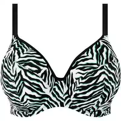 Elomi Black White Teal Zebra Rhythm Plunge Convertible Strap Bikini Swim Top 44H • $24.99