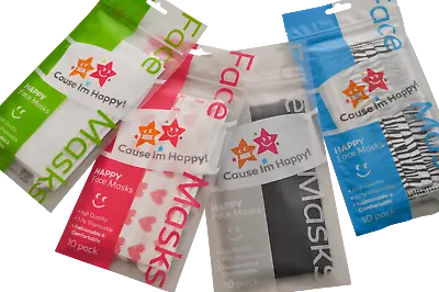 3 Ply Disposable Face Masks 4 Fun Designs Cause Im Happy 10 Pack • $14.95