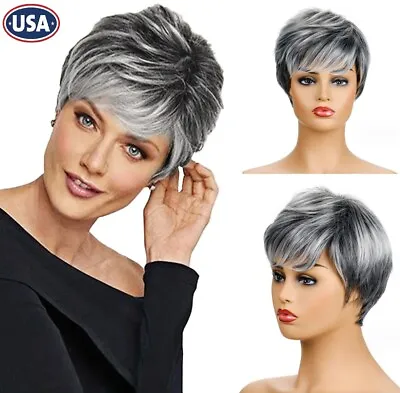 Womens Short Grey Wig Layered Synthetic Heat Resistant Pixie Hair Wig Daily Gift • $10.88