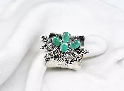 100% Natural Emerald 11.58 Gm Flower Design 925 Sterling Silver Adjustable Ring • $118.81