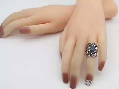 BLUE LAPIS AND MARCASITE FILLAGREE RING Sterling Silver 925 Size 6 RG14 • $22.79