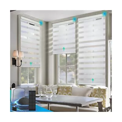 Motorized Zebra Blinds Solar Powered Dual Layer Automatic Shades With Remote... • $125.99