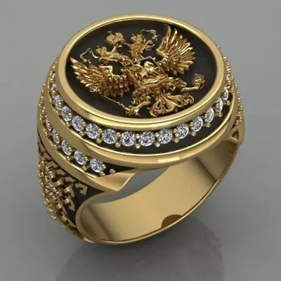 18k Gold Ep Mens Eagle Diamond Simulated Dress Ring Size 8-13 • $23.99