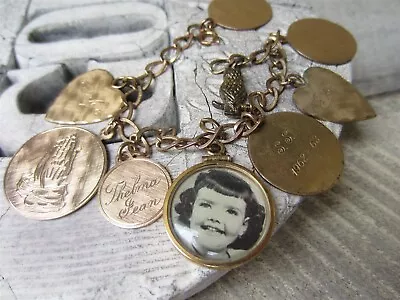Vintage 1960's Yellow Gold Filled Etched Personalized Charm & Photo 7  Bracelet • $9.99