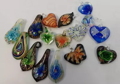 Murano Glass Pendants Bundle Of 16 Floral Heart Shape Drop Shape Jewellery • £45