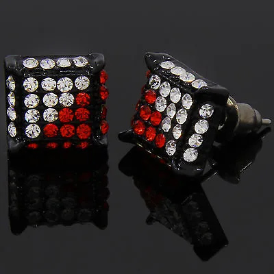 Mens Black Red Cubic-Zirconia Cube Hip Hop Micro Pave Stud Earrings • $12.99