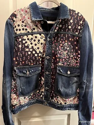 DSquared2 Distressed Floral Patch Denim Blue Pink Jacket EU 58 Size 4XL NWT • $499.99