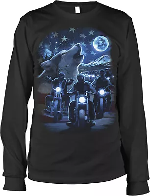 Moonlight Wolf Howl Motorcycle Ride US Flag Long Sleeve T-shirt • $15.95