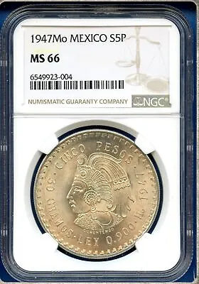 1947 Mo Mexico NGC MS66 Silver 5 Pesos S5P Cinco Pesos Cuauhtemoc MS-66 PQ ! • $314.95
