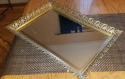 FANCY Vintage Shiny GOLD FILIGREE Large MIRRORED VANITY PERFUME TRAY W/Claw Feet • $24