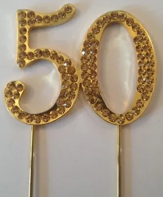 Gold 50th Birthday Diamante Cake Topper Decoration 50 Fifty Anniversary Golden • £5.89