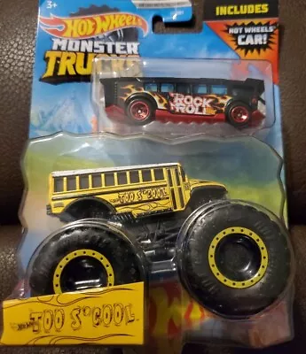 HOT WHEELS MONSTER TRUCKS TOO S’COOL School Bus & ROCK N ROLL TOUR BUS 2 Pack  • $9.99