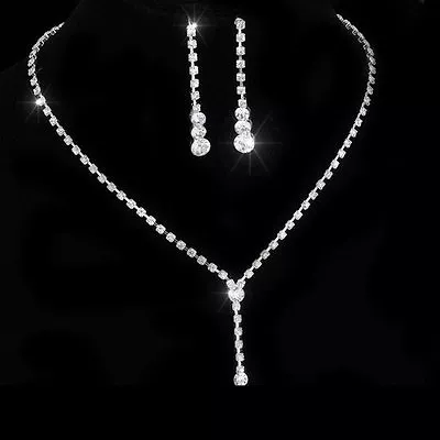 $2.76 • Buy Silver Plated Rhinestone Crystal Tennis Drop Necklace Earrings Bridal Jewelry