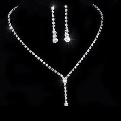 £4.14 • Buy Silver Rhinestone Crystal Tennis Drop Necklace Earrings Bridal Jewelry Set Gift