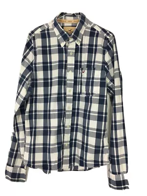 HOLLISTER SHIRT LARGE BLUE GREY WHITE Plaid Surfer Cut Long Sleeve Pocket Casual • £11.23