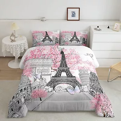 Eiffel Tower Bedding Set Pink Cherry Blossom Comforter Set Girls Women Romant... • $111.09