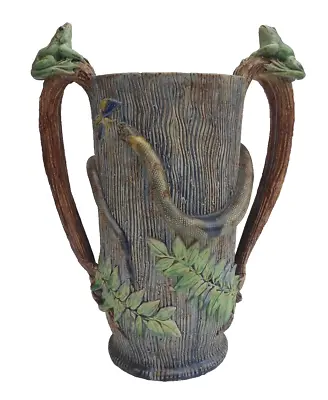 Antique French Majolica Vase Victor Barbizet Palissy Snake Frogs Butterfly No2 • £475