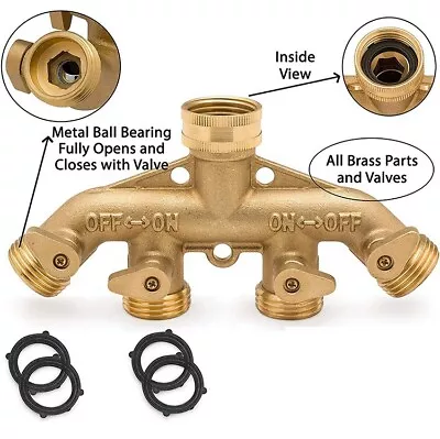 Heavy Duty 4-way Garden Hose Splitter Shut Off Valves All Brass Stainless Ball • $20.45