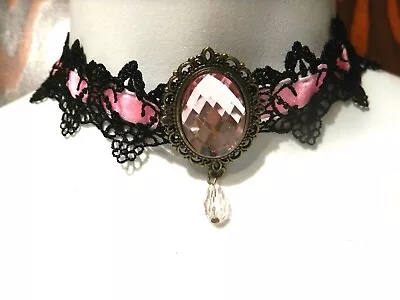 PINK BLACK VELVET LACE CHOKER Necklace Bronze Filigree Gothic Lolita EGL K6 • $7.99