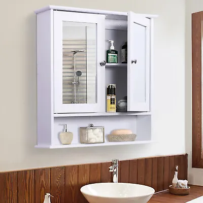 Wall-mounted Bathroom Cabinet Mirror Door Organiser Storage Living Room White • £32.99
