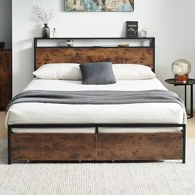 Queen Size Bed Frame With Headboard Mahogany With Lighy With Storage And Outlets • $75