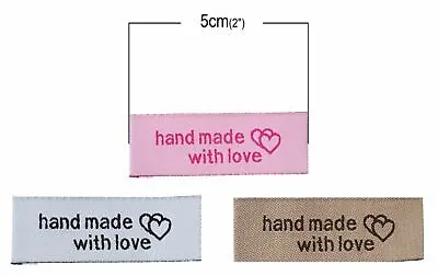 25 HANDMADE WITH LOVE Fabric Labels 50mm  2  Inch Sew On Clothing Labels Tags 💖 • £3.34