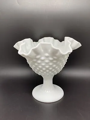 Fenton Milk Glass Hobnail Ruffled Double Crimped Edge Pedestal Compote Marked • $16.06