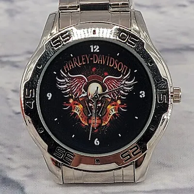 Harley Davidson Watch 43mm Bezel Red Skull Flame Wing Stainless Strap 9  New Bat • $50.99