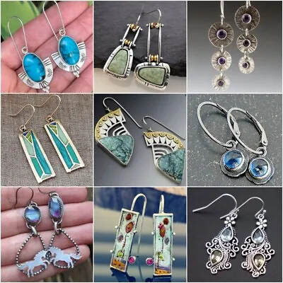 Vintage 925 Silver Turquoise Ear Hook Earrings Drop Dangle Women Wedding Jewelry • $2.05