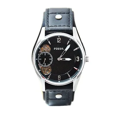 New Fossil Black Leather Cuff Bandsilver Tone Automatic Twist Watch Me1084 • $149.99