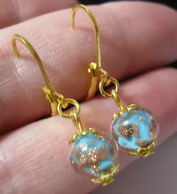 Aqua Sky Blue Venetian Italian Murano Glass Gold Foil Bead Vintage Look EARRINGS • $18.05