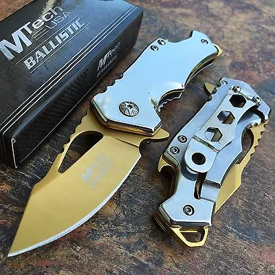 MTech Ballistic Silver W/ Gold Blade Small Pocket Camping Knife W/ Bottle Opener • $13.95