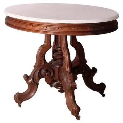 Oversized Antique Victorian Walnut Brooks Oval Marble Top Parlor Table 1890 • $1760