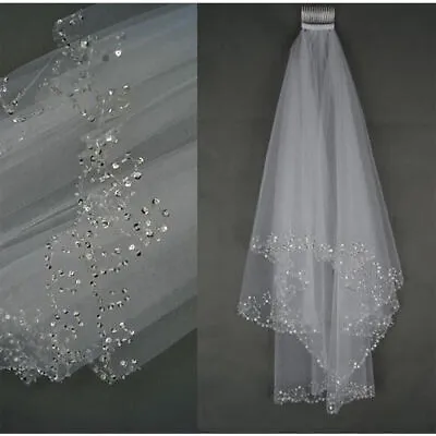 New 2 Layer White/Ivory Elbow Length Beads Edge Wedding Bridal Veil With Comb • $89