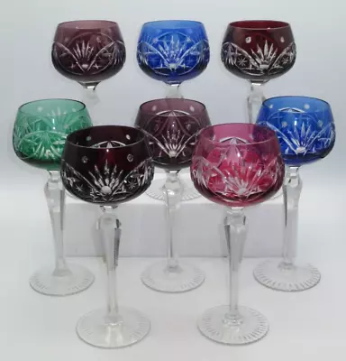 Vintage Bohemian Cut-to-clear Multicolor Hock Wine Glasses - Set Of 8 • $215