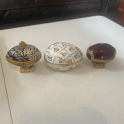 Lot Of 3 Vintage Carved Eggs Faberge Inspired Jeweled Boxes Porcelain Egg Box • $50