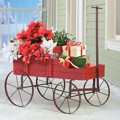 Wagon Garden Flower Planter Moving Wheels Outdoor Yard Country Porch Decor RED • $29.62