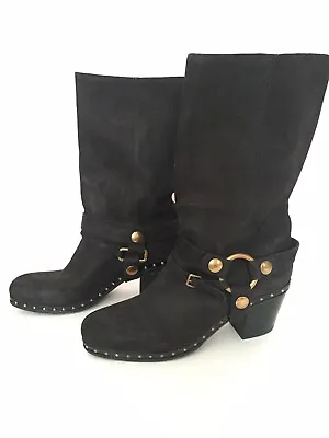 MIU MIU By Prada Size 5 Black Leather Brass Studded Moto Cowboy Boots W/ Harness • $349.88