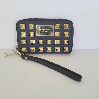 MICHAEL KORS Studded Navy Blue Gold Leather Zip Around Wallet Wristlet Medium • $25