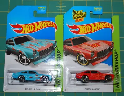 Lot Of 2 - Custom V-8 Chevy Vega - 2014 Hot Wheels Workshop - Red & Blue • $5.99